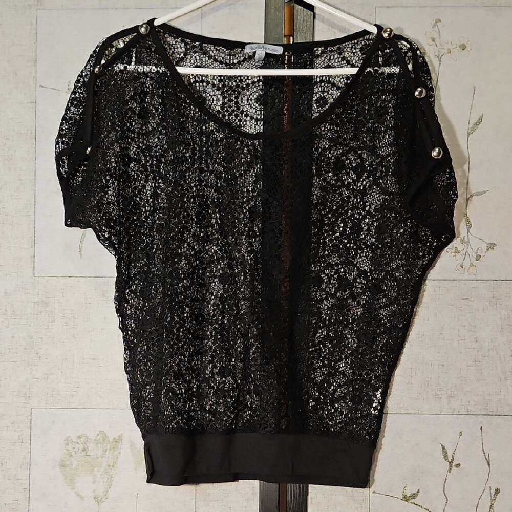 Charlotte Russe Black Relaxed Short Sleeve Blouse with Cut Out Details